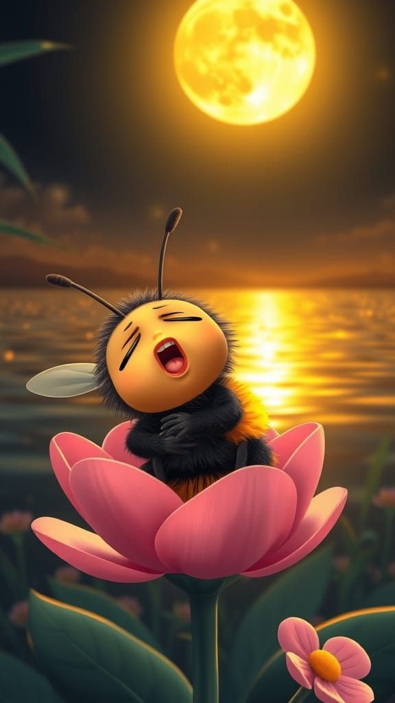Sleepy Cartoon Bumble Bee in Surreal Sunset