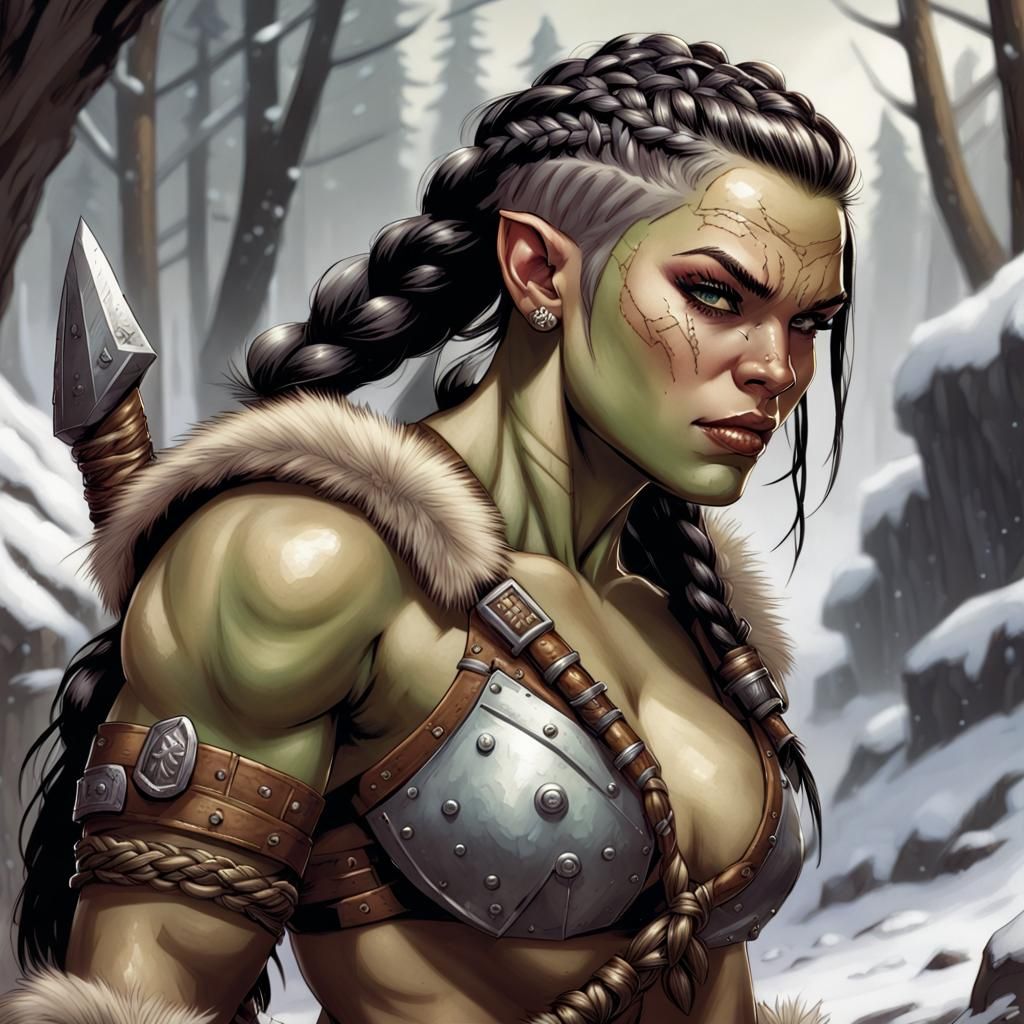 Female Half-Orc Barbarian Portrait in Comic Book Style