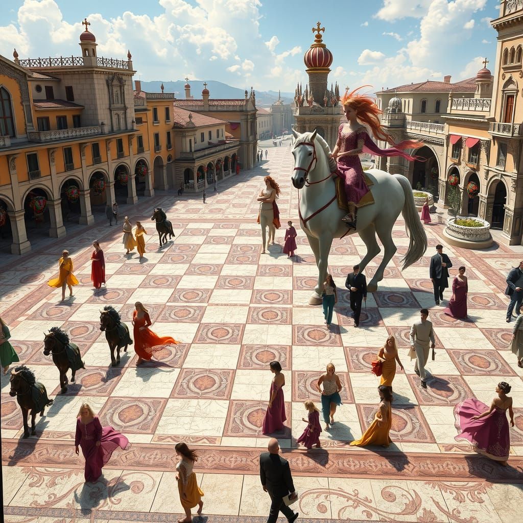 Dreamlike Chessboard Square with Gods in Renaissance Style