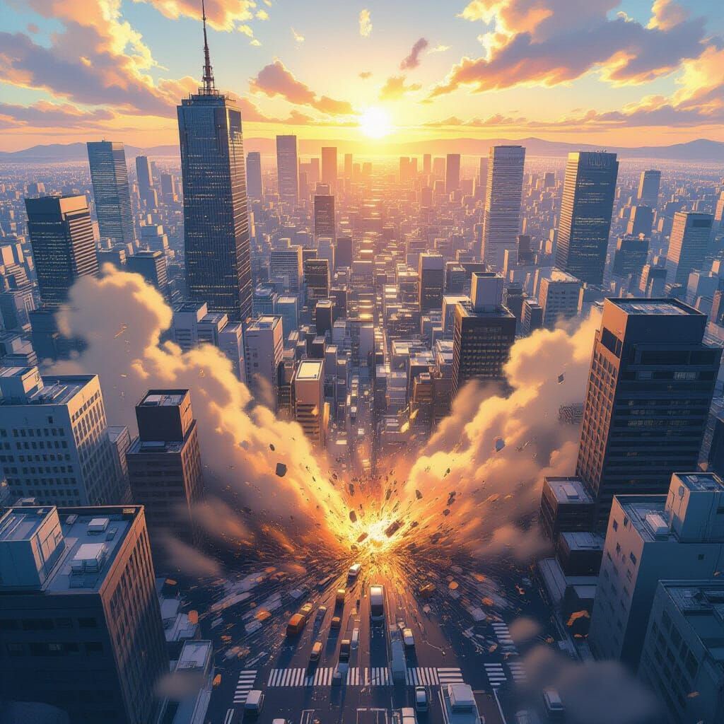 Tokyo Earthquake Disaster From Above in Anime Style