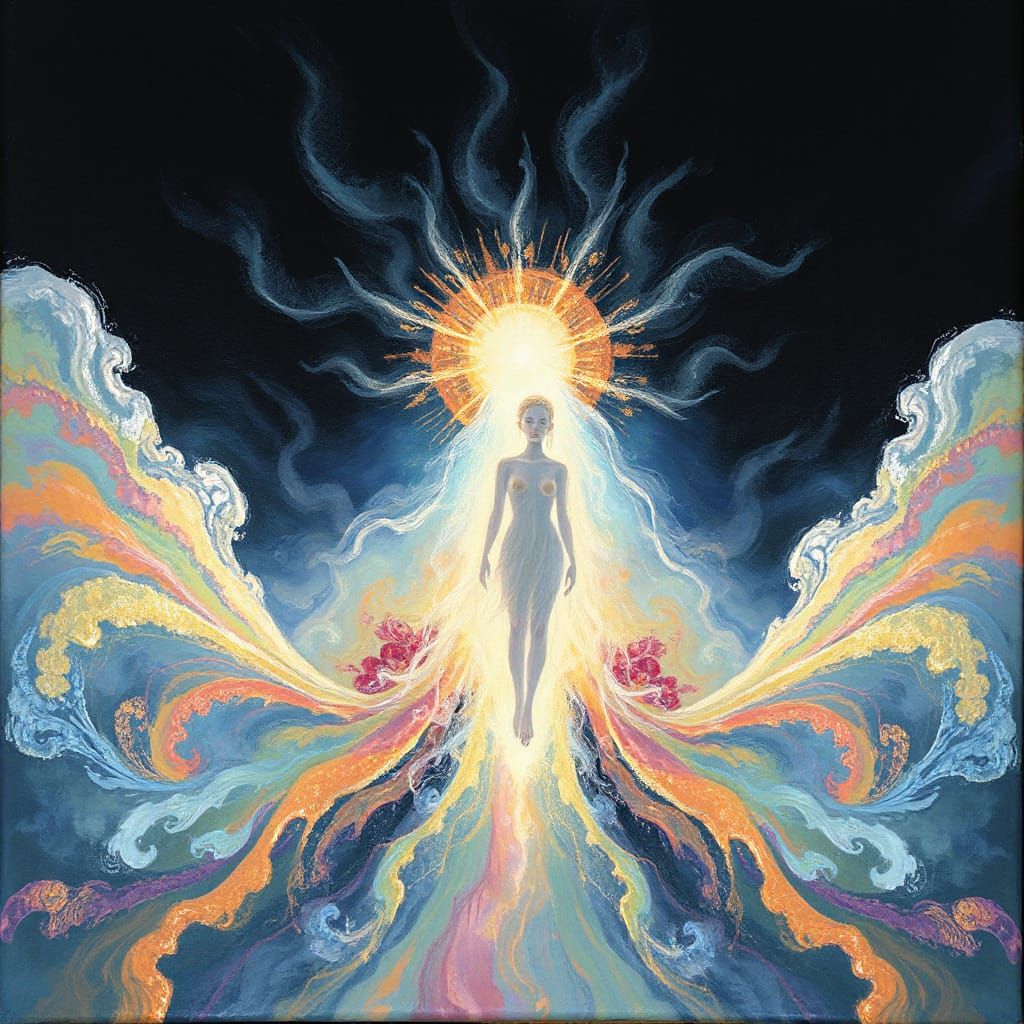 Ethereal Being Emerges in Radiant, Dreamlike Landscape