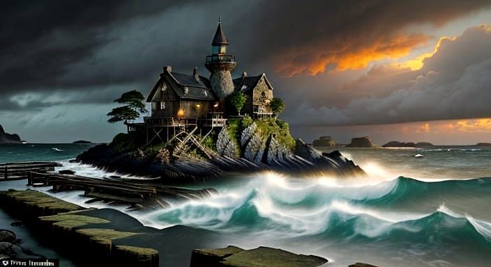 Fishing Village on Rocky Coastline in Vibrant Earth Tones