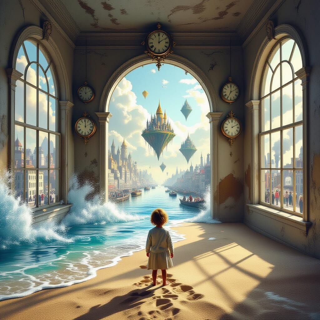 Surreal Room with Time and Contrasting Realities