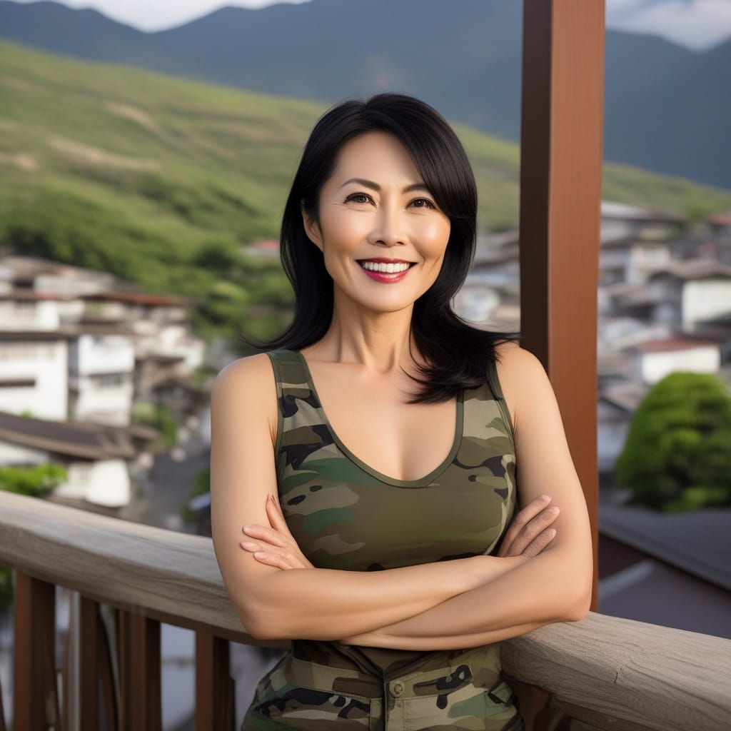 Attractive Woman on Balcony Overlooking Town
