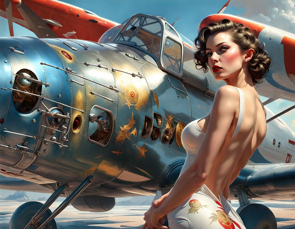 Vintage Aircraft Pinup: Hyperrealistic Nose Art Illustration