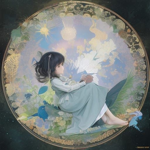 Whimsical Girl Stares into Mysterious Mirror