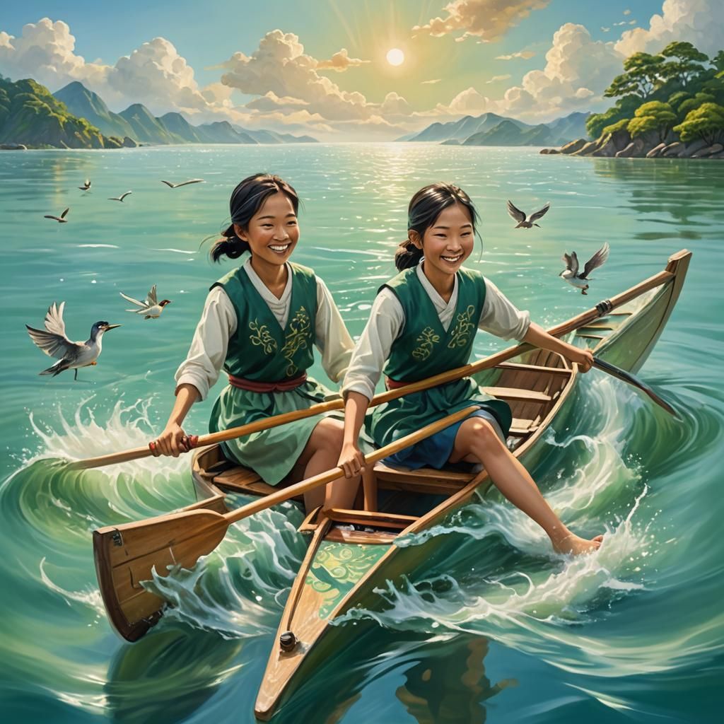 Children Rowing Canoe on Sea in High Fantasy Style