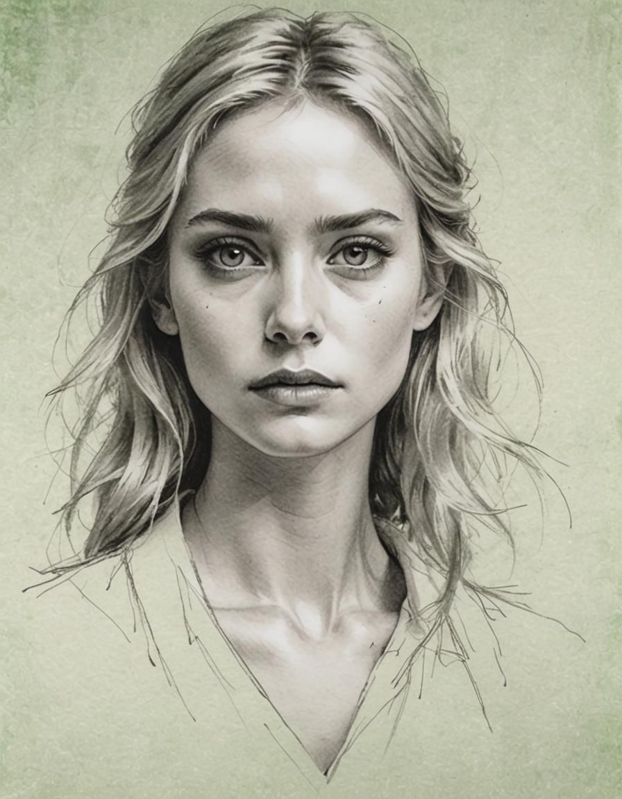 Blond Beauty with Green Eyes: Minimalist Charcoal Portrait