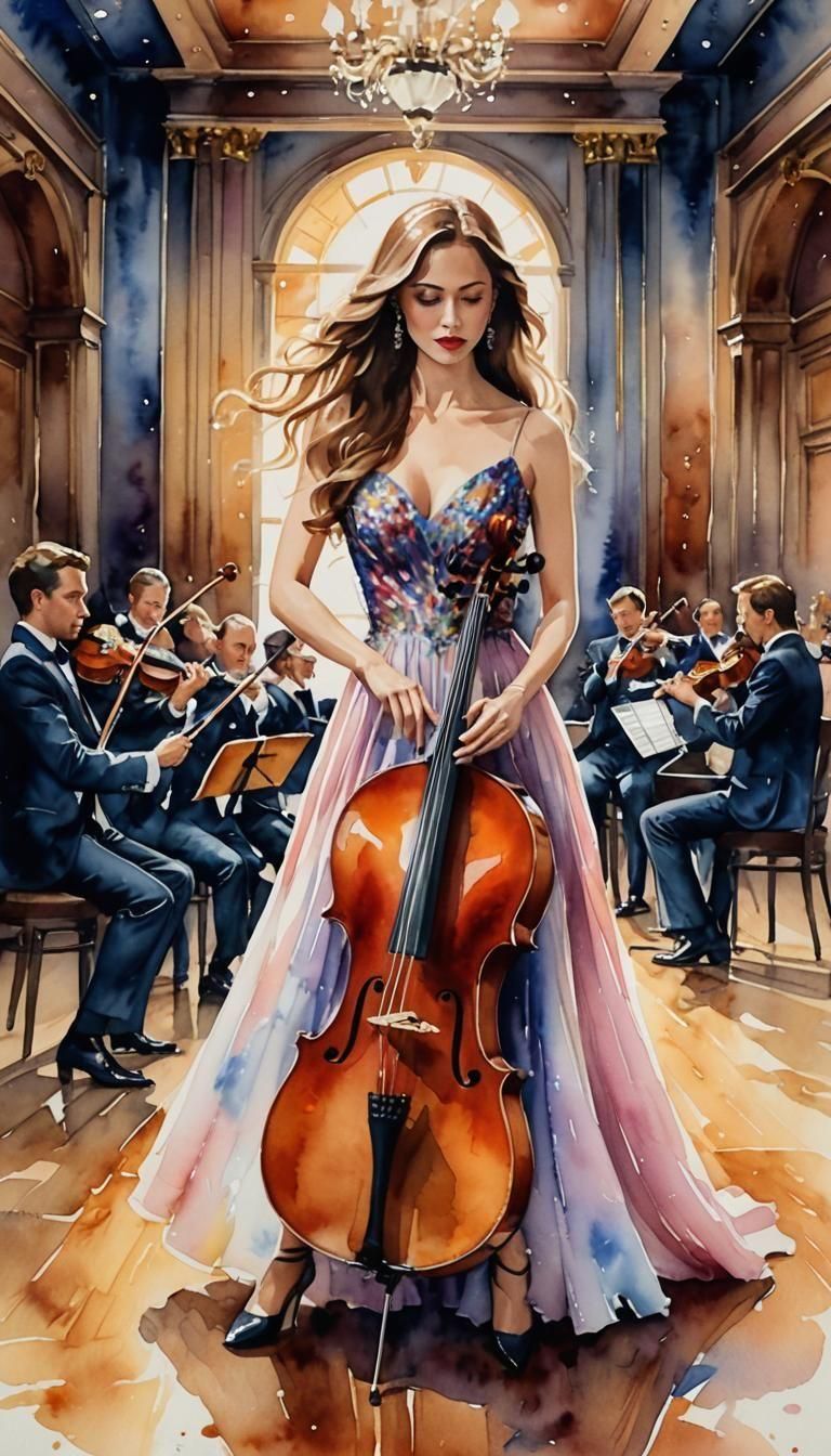 Woman Performing Cello Solo: Watercolor Painting