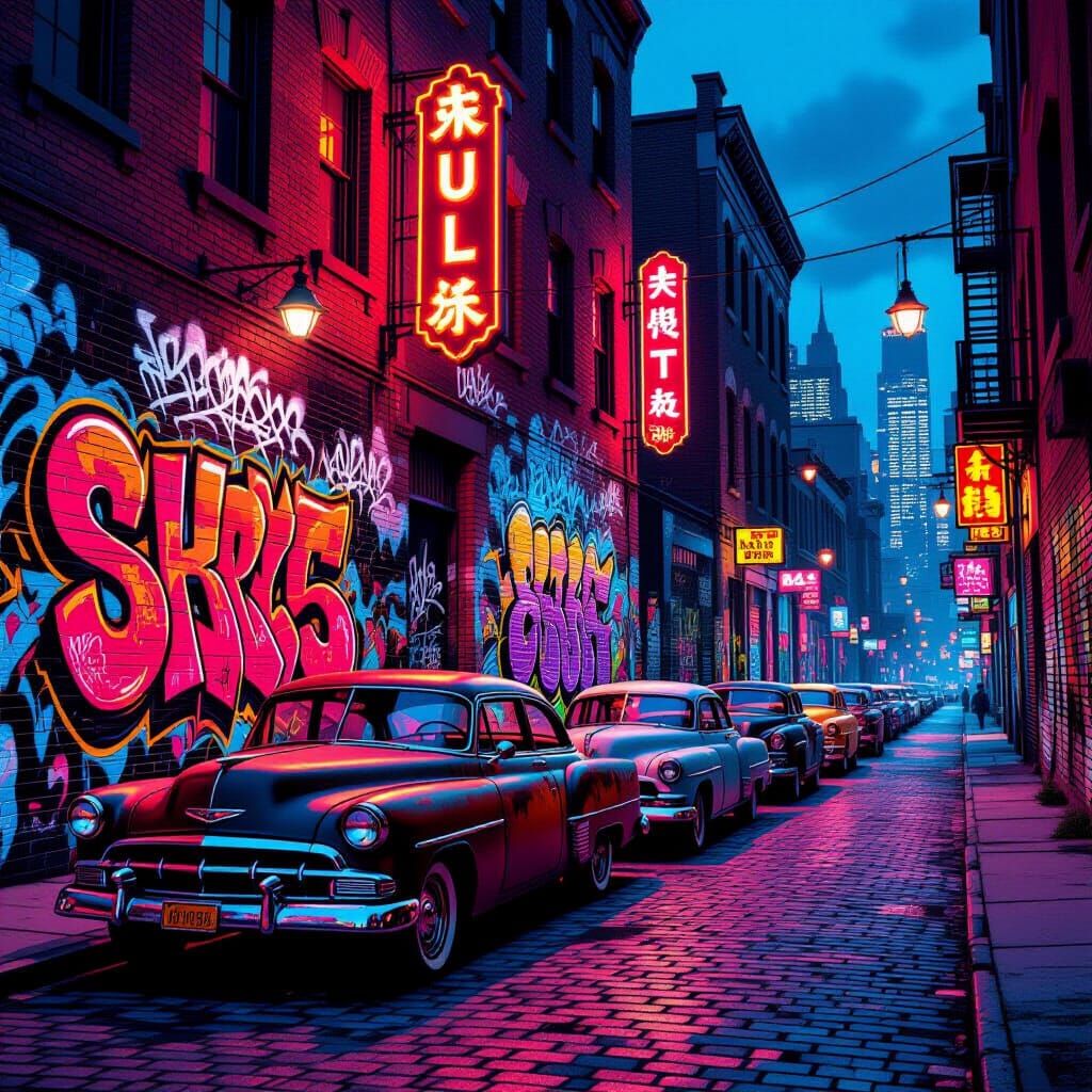 Neon-Lit Urban Cityscape with Graffiti and Vintage Cars