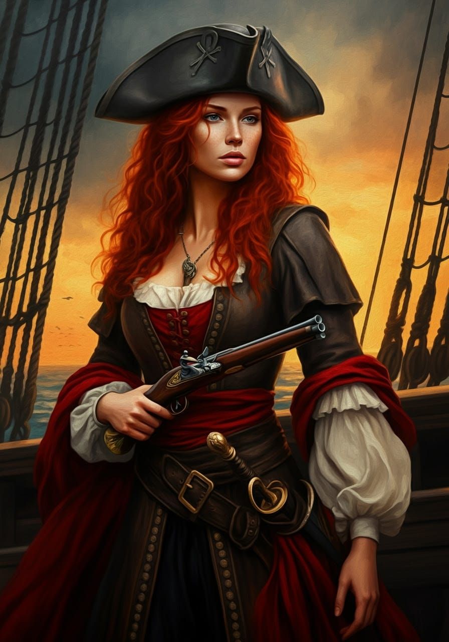 Red Haired Pirate Woman on Sailing Ship, Expressionist Oil P...