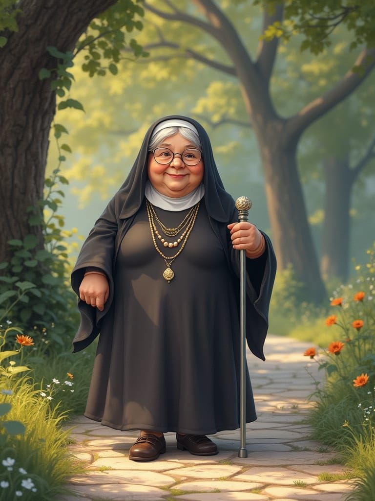 Sweet Old Nun with Boho Jewelry and Spectral Companions