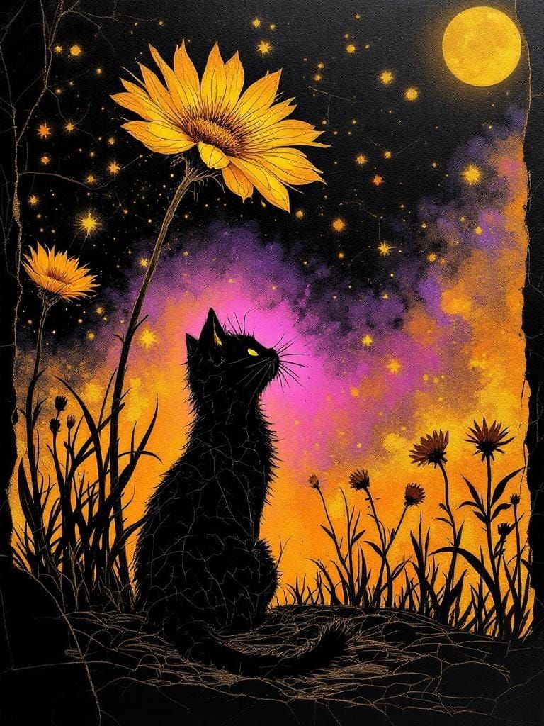 Cat Under Flower in Metallic Fairy Tale Style