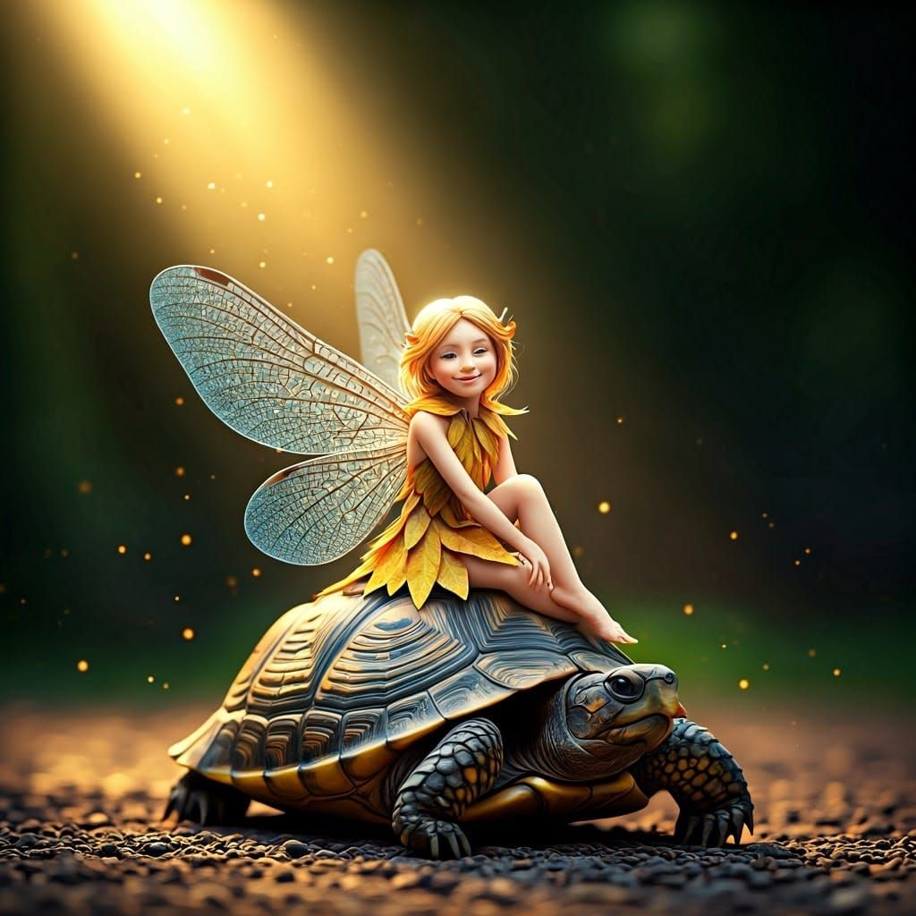 Iridescent Fairy on Turtle Shell in Magical Forest