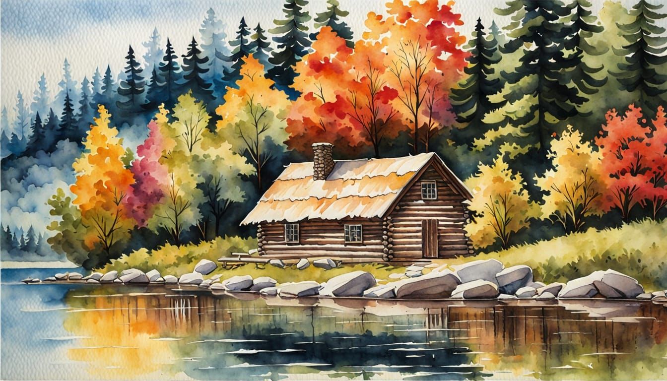 Watercolor Log Cabin Serene Lakeside View