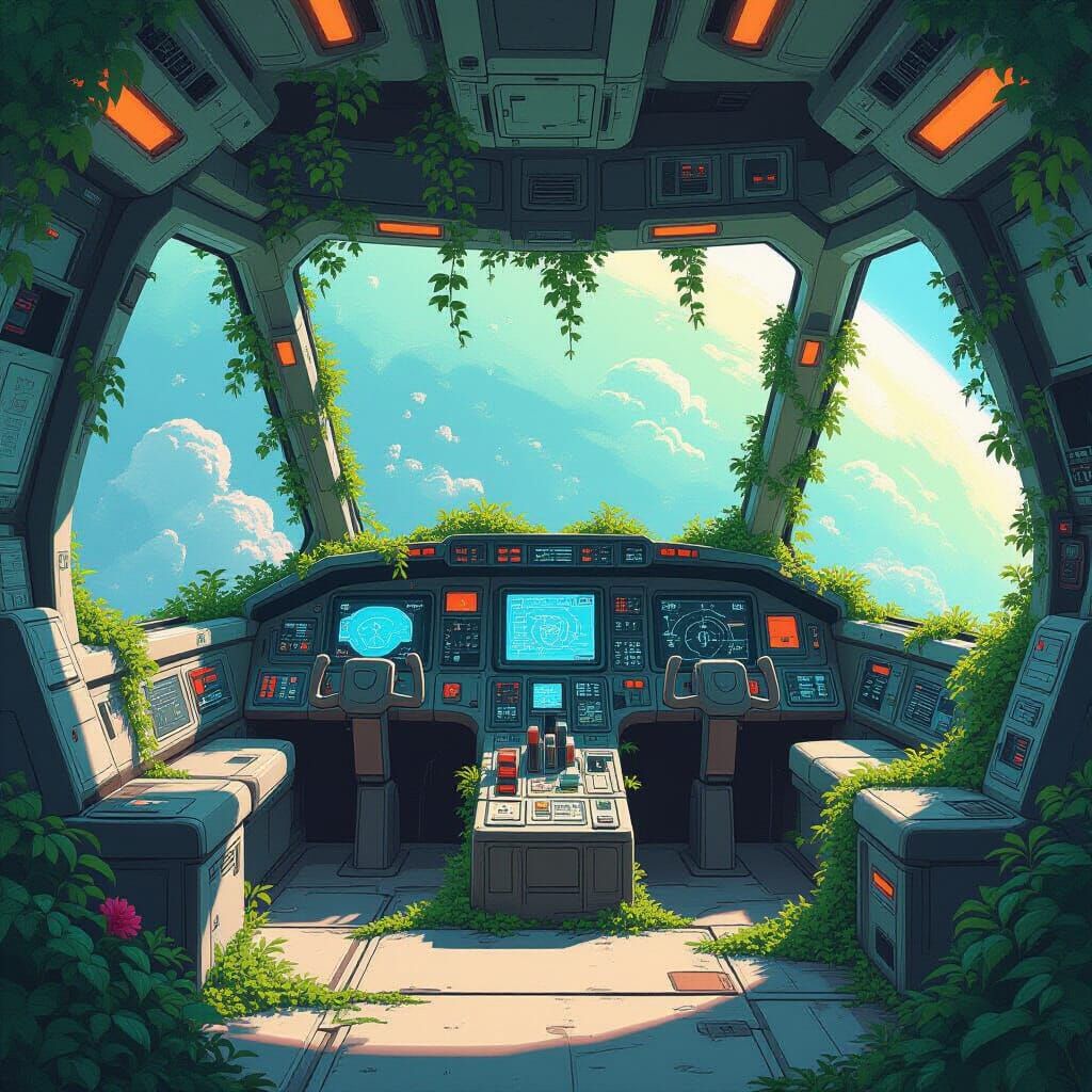 Lush Garden in Spaceship Cockpit, Anime-Inspired Art