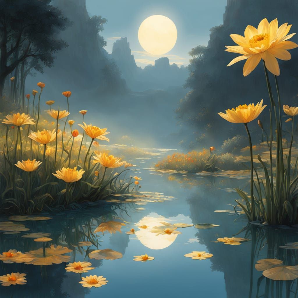 Ethereal Narcissus Transforms Beside a Serene Pool