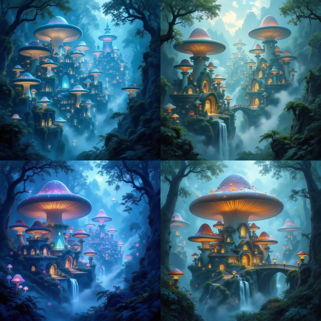 Bioluminescent Mushroom City with Shiitake Architecture