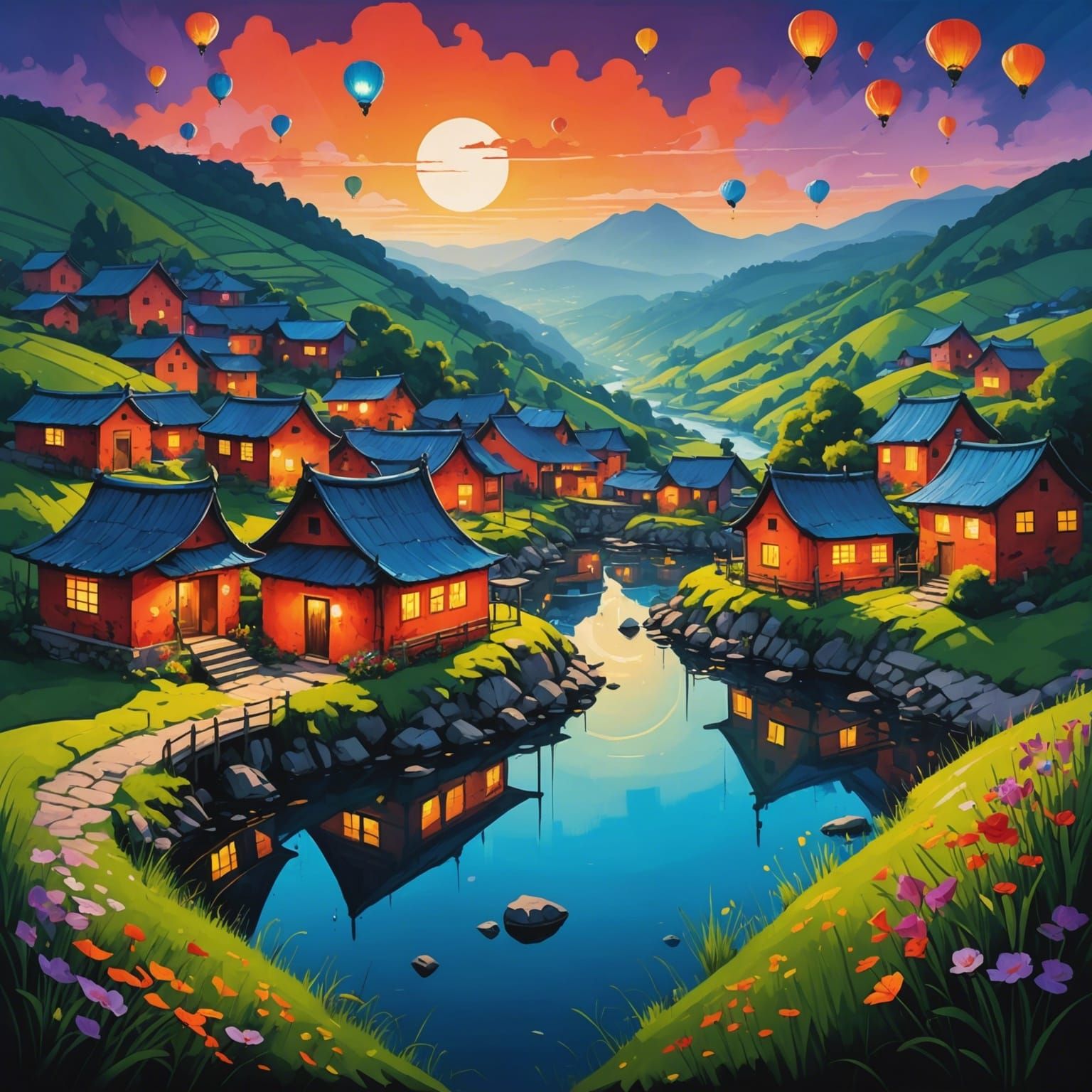 Lanterns Glow in Tranquil Village: Graffiti Art