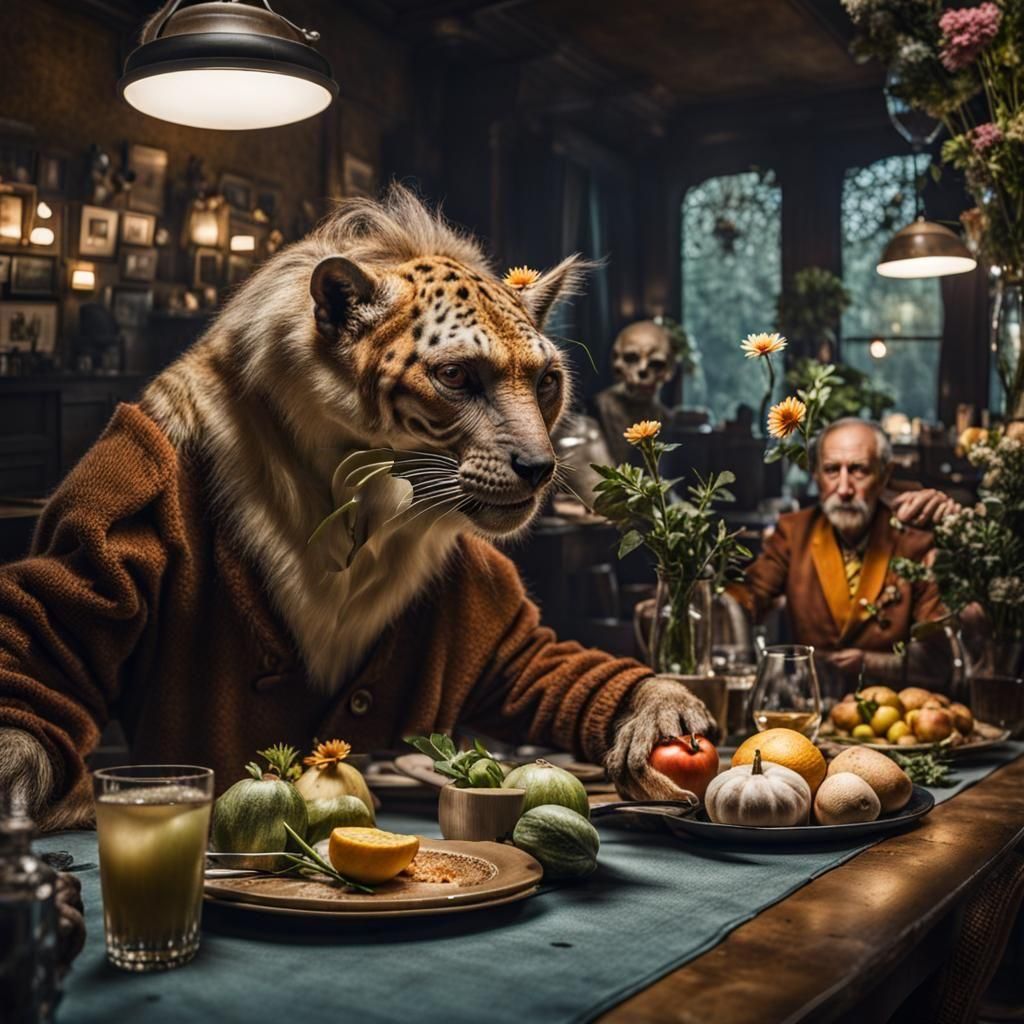 Surreal Alien Celebration in Restaurant, Magical Realism