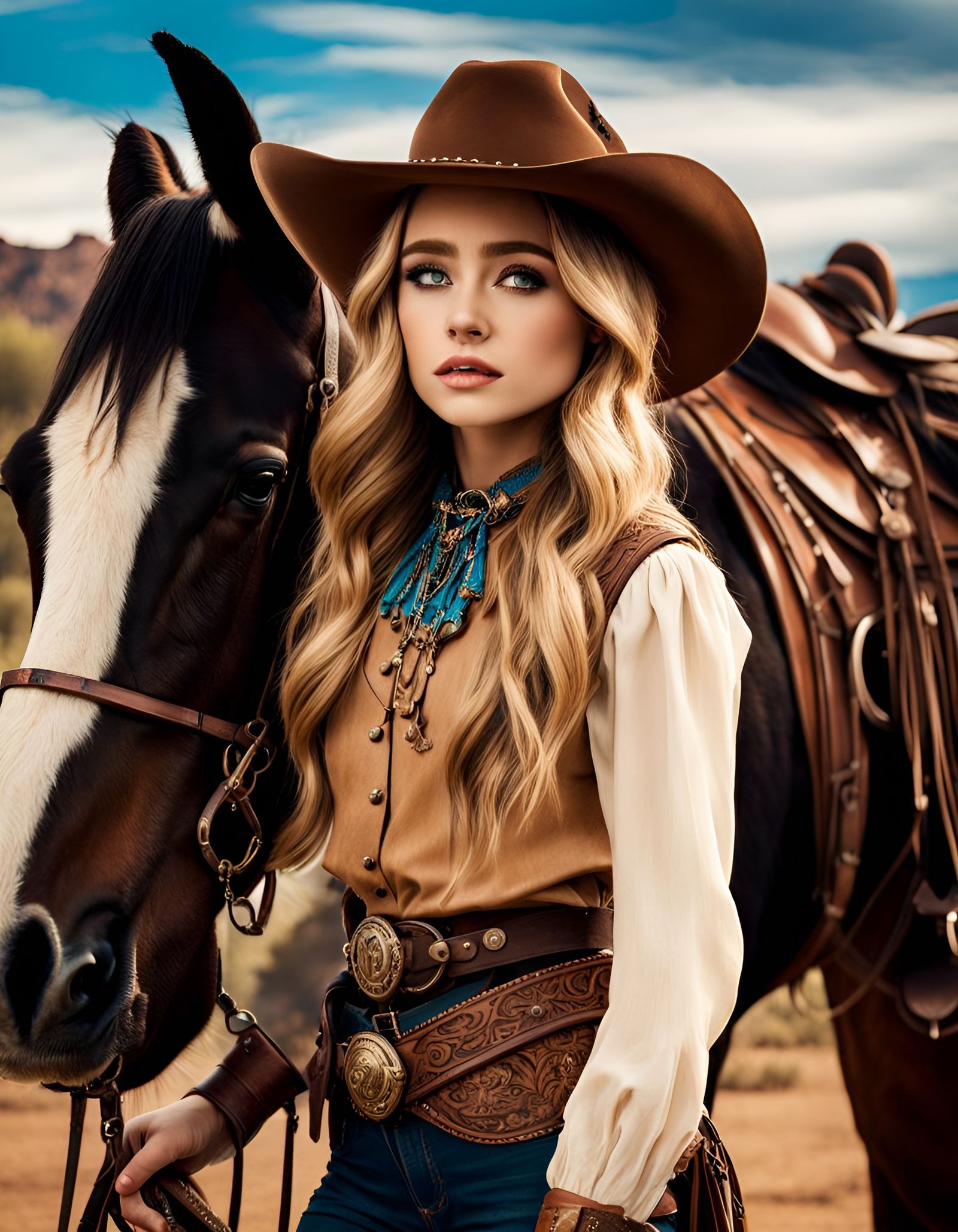 Cowgirl with Horse in Wild West Setting
