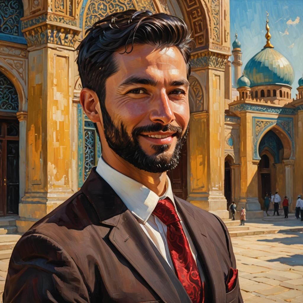 Smiling Man in Velvet Suit, Neo-Impressionist Oil Painting