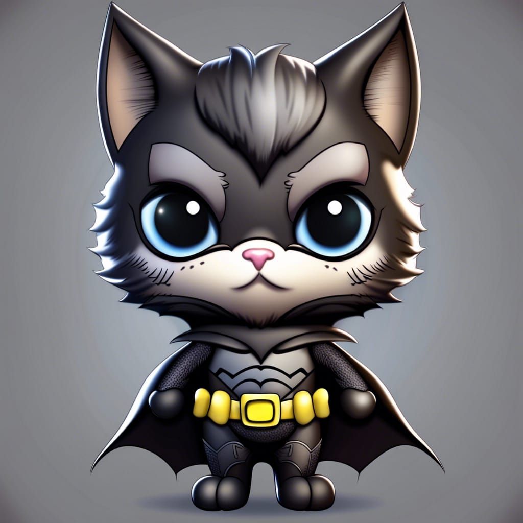Chibi Batman Cat with Fluffy Fur