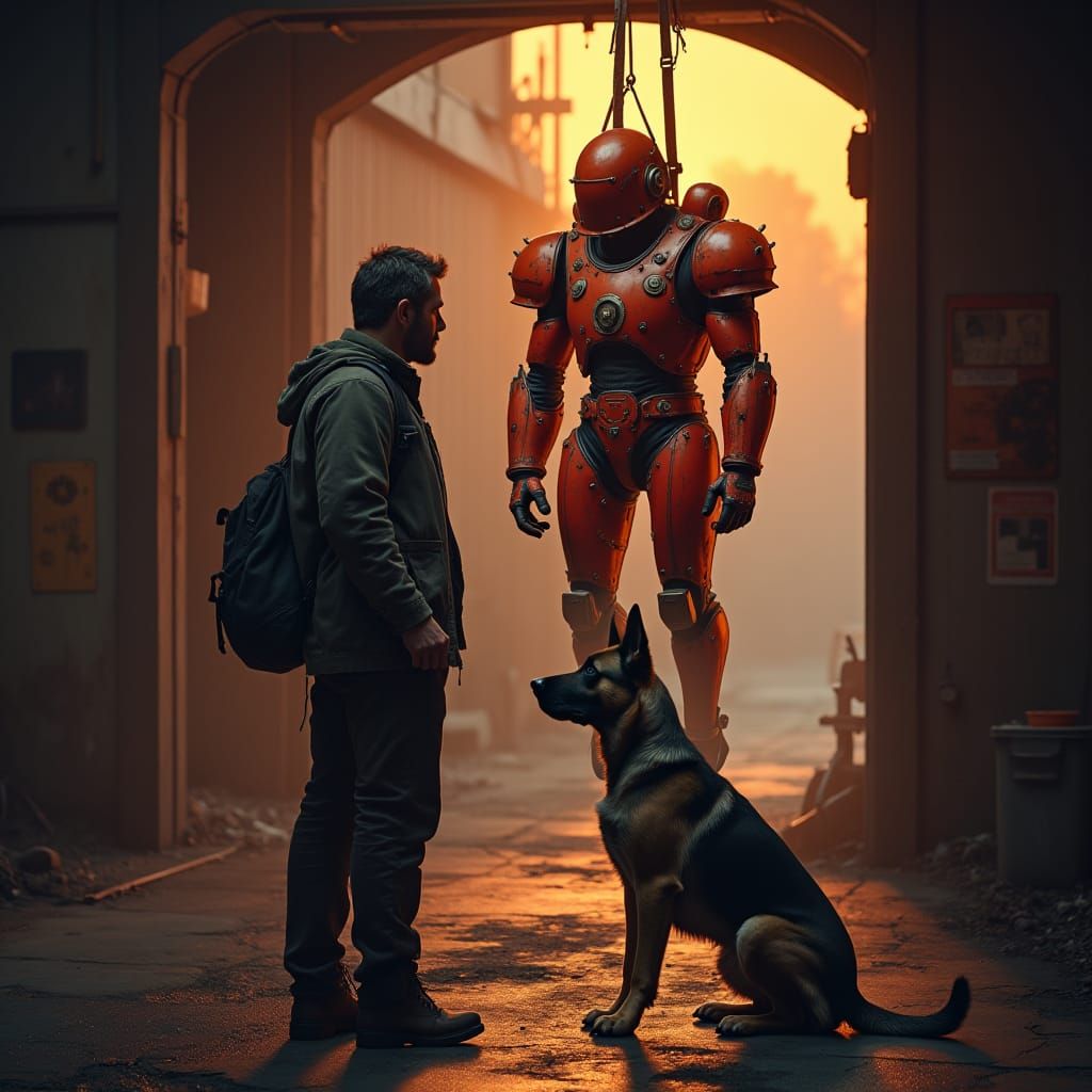 Contemplating Fallout Power Armor in Dark Garage