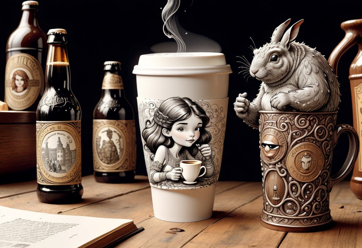 Intricate Ink Illustration of Shy Coffee Cup Hiding from Pro...