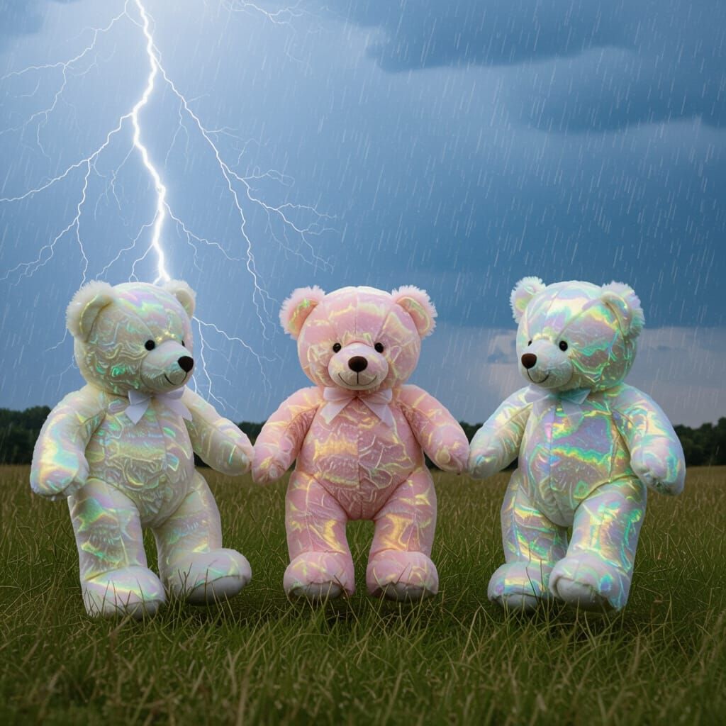 Iridescent Teddy Bears Dance in Thunderstorm