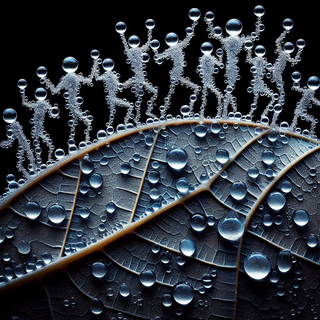 Dewdrop People on Leaf Veins: Macro Photography