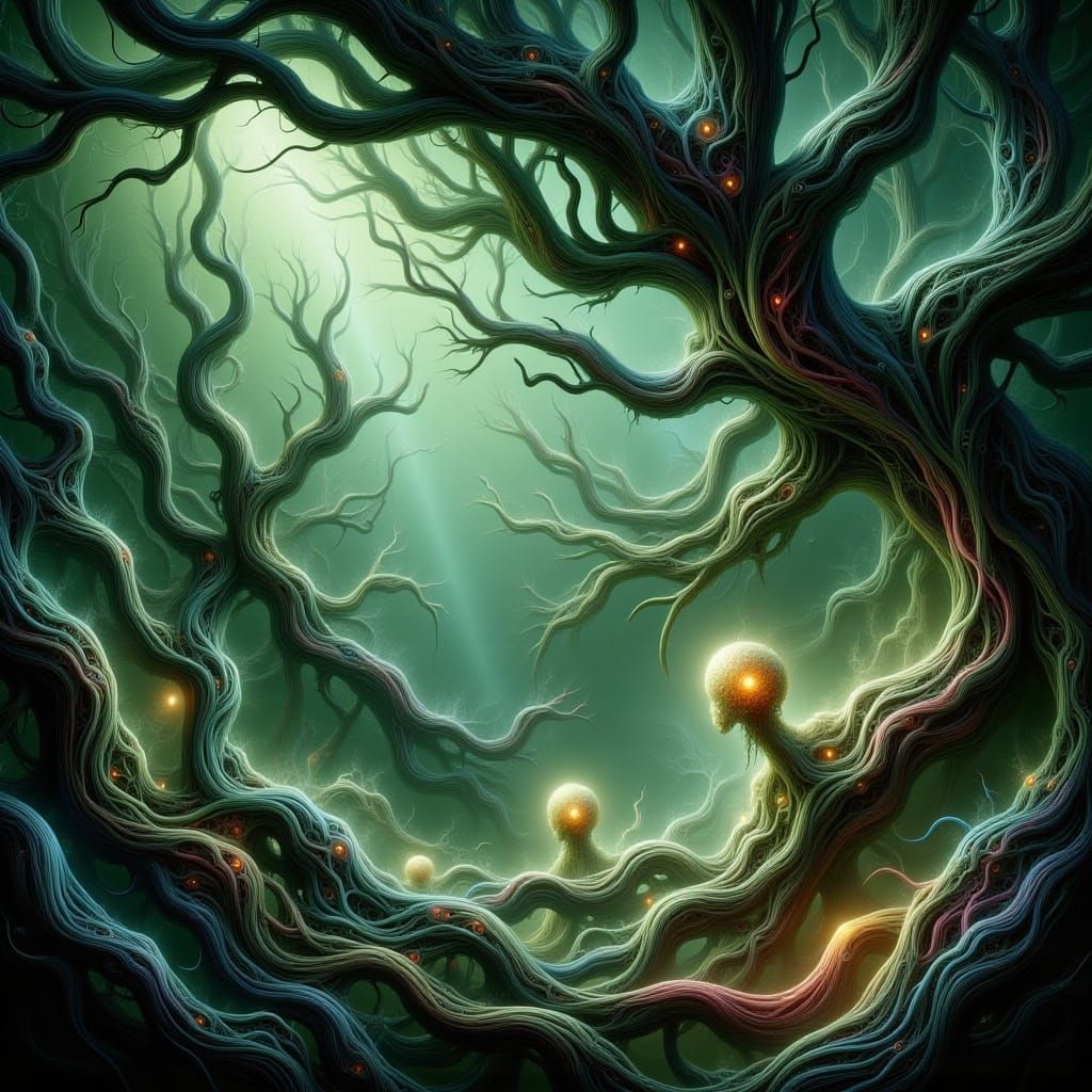 Mystical Realm with Luminous Flora and Fauna