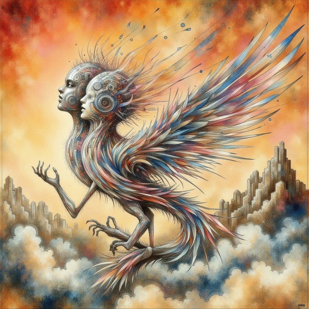 Surreal Bird Human Hybrid in Japanese Folk Art Style