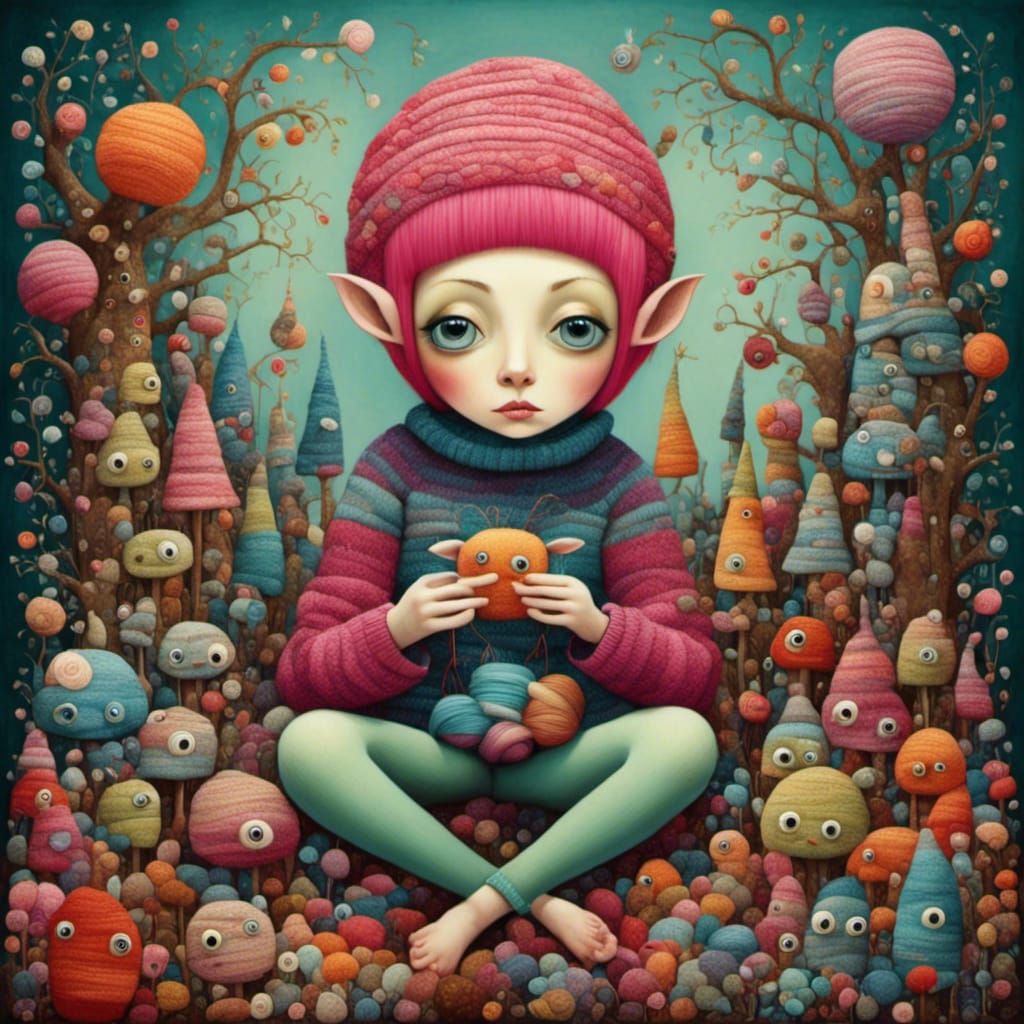 Yarn monster knitting a sweater, <lora:Patchwork Storybook:1.0> , pop surrealism