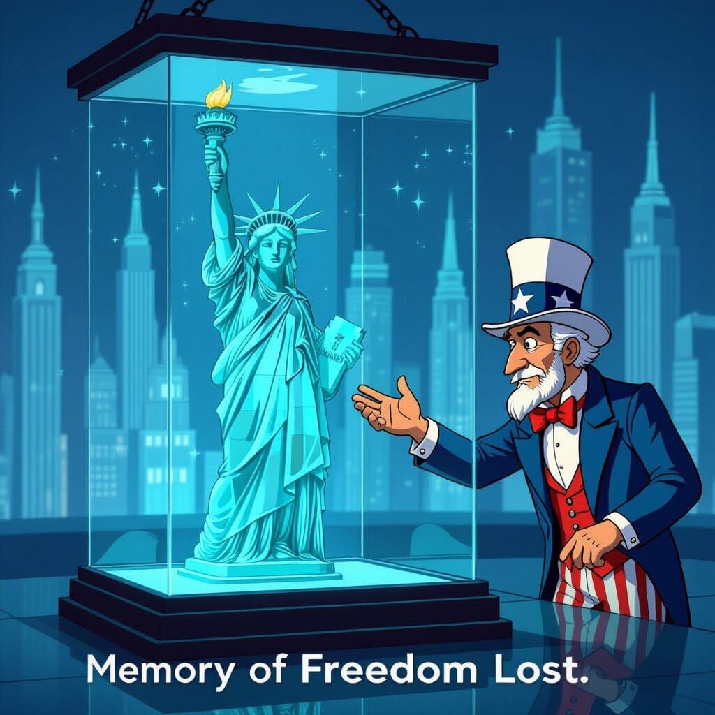 Cartoon showing a holographic liberty statue in a display ca...