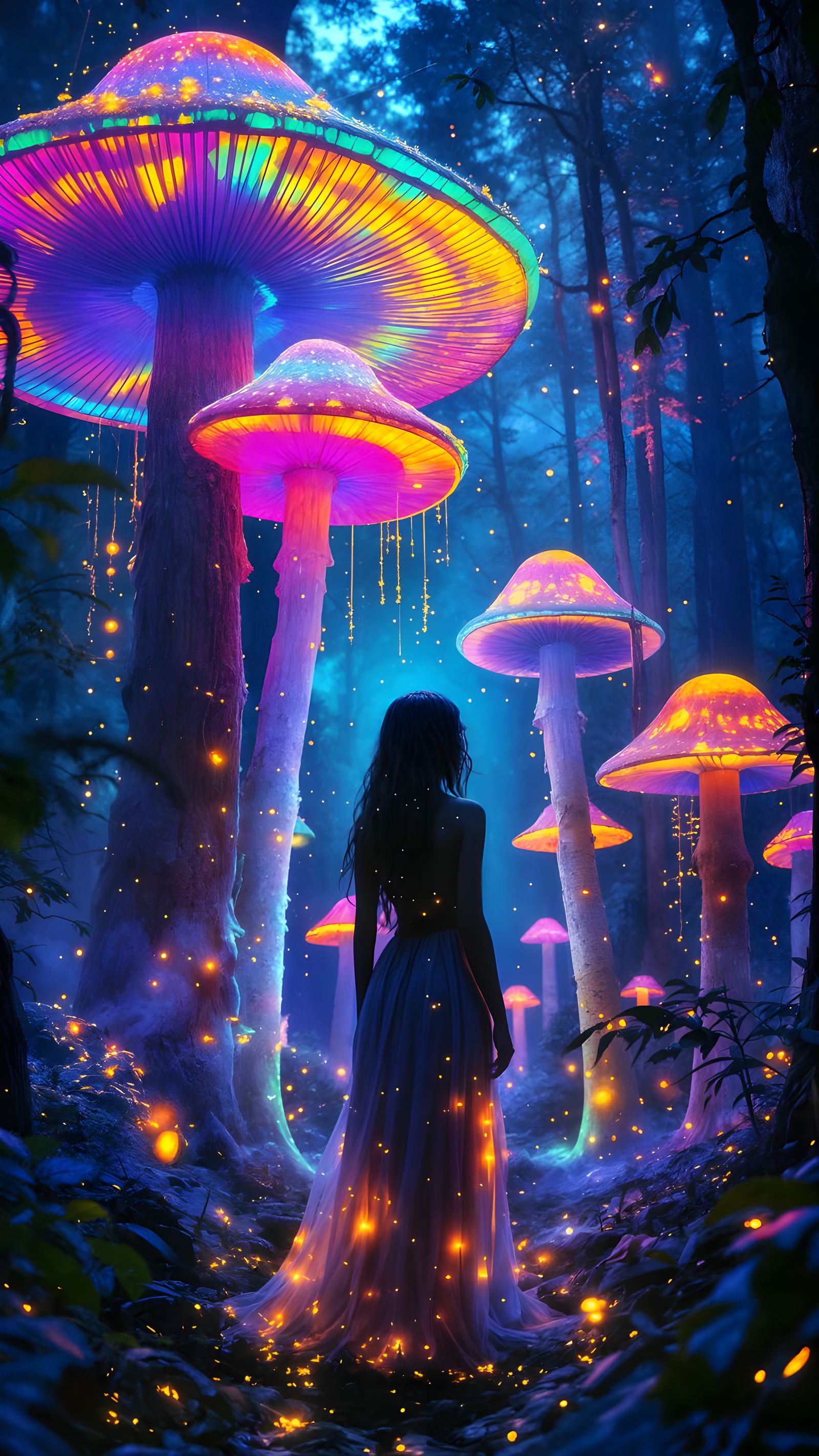 Ethereal Woman in Bioluminescent Neon Forest