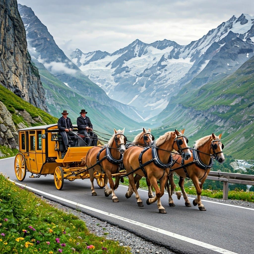 Majestic Swiss Post Coach Ascends Gotthard Pass in Golden Li...