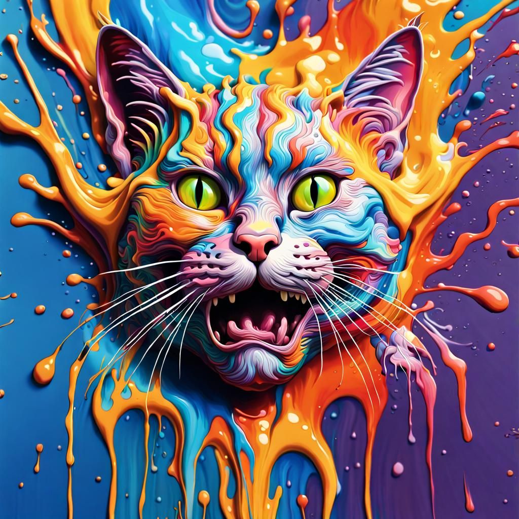 Colorful Splash Art Cat Portrait in Liquid Motion