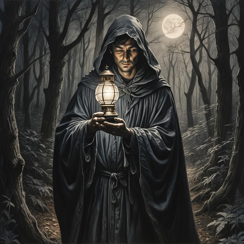 Mysterious Guardian: Charcoal Drawing of Moon Lantern Keeper
