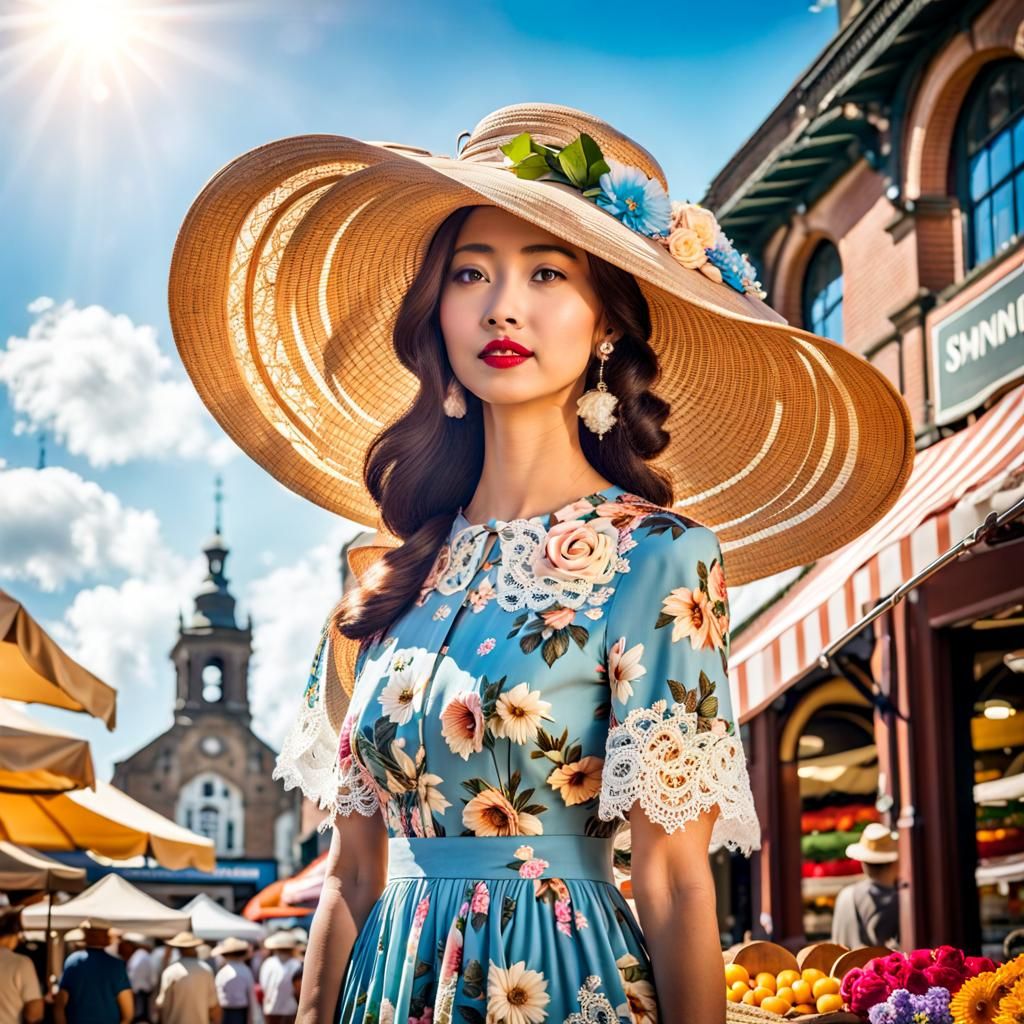 Charming Lady with Floral Hat in Sunny Market