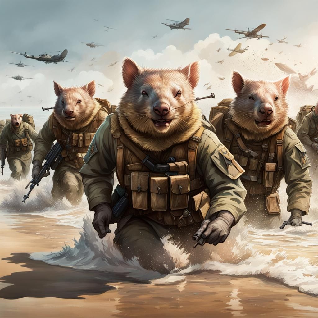 Wombats Storming Normandy Beach: Detailed Digital Art