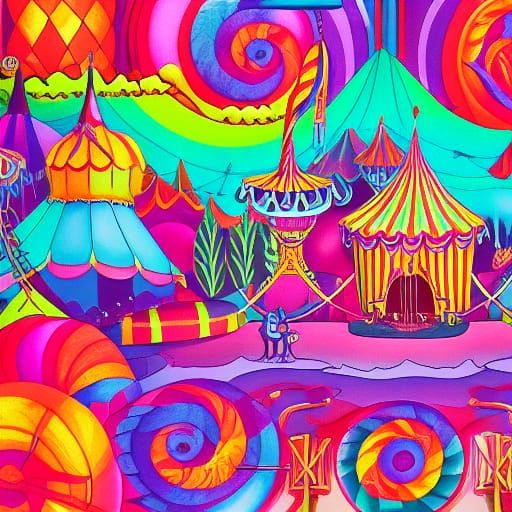 Glowing Circus Under Blood Moon in Gouache Style