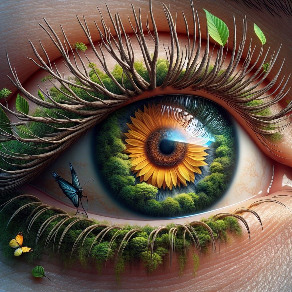 Surreal Eye with Sunflower Pupil and Forest Eyelids