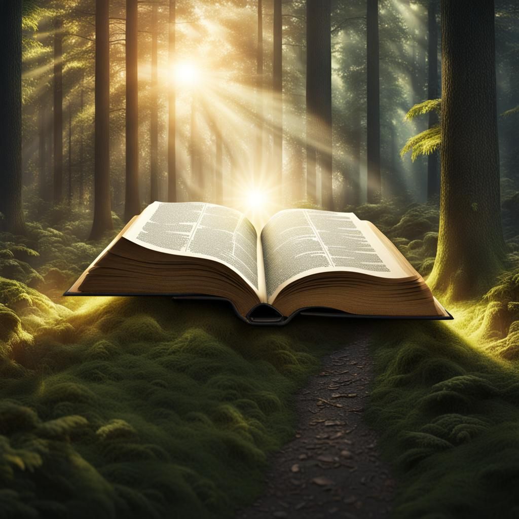 Bible Illuminates Forest Path: Matte Painting