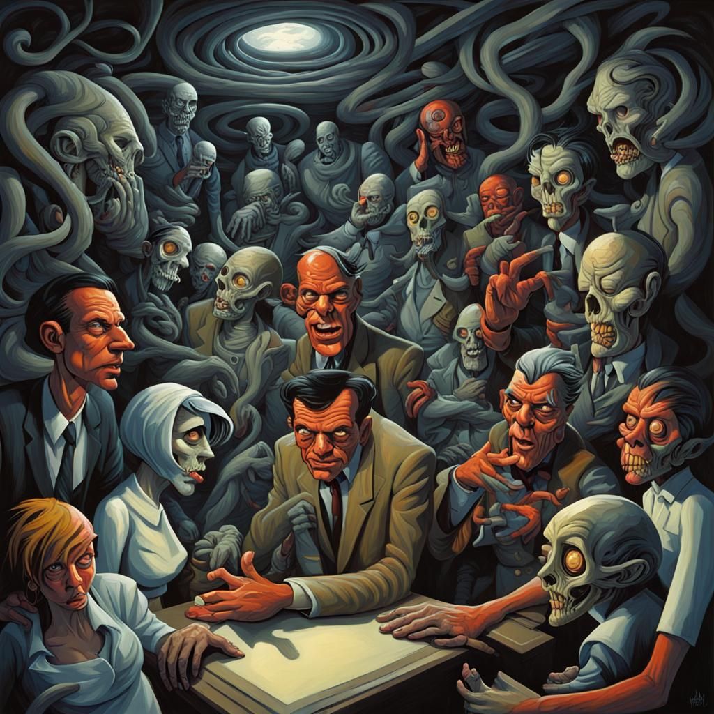 Disturbing Sci-Fi Horror Painting of Chattering People