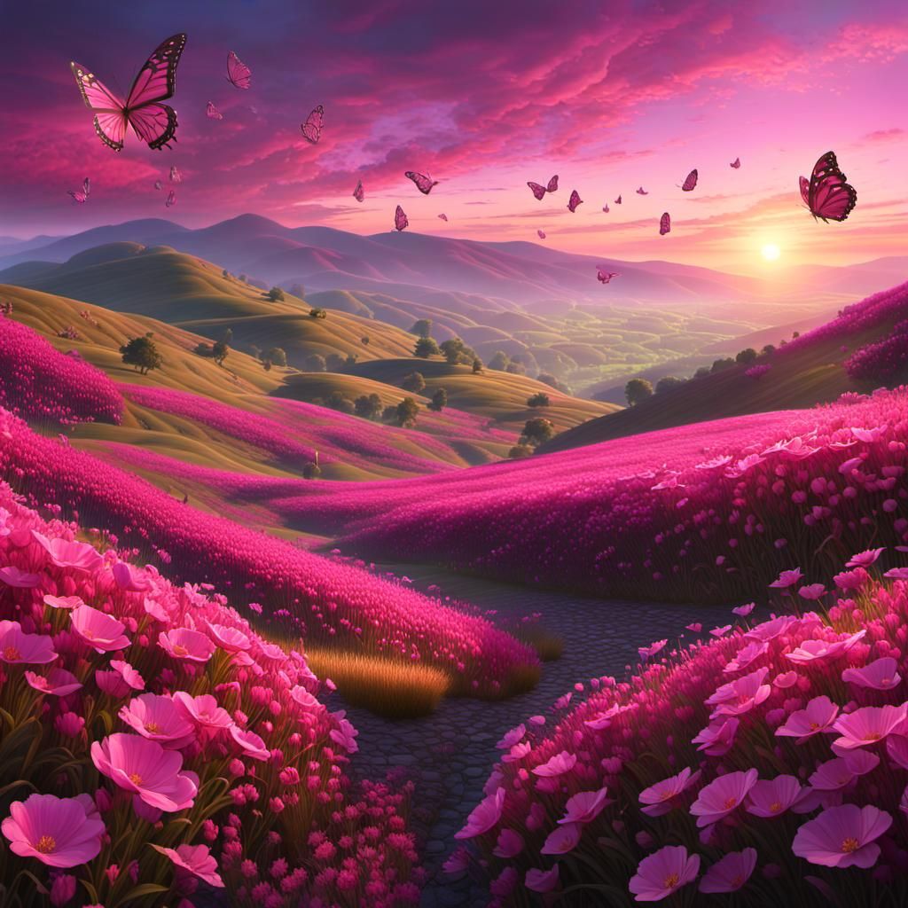 Blooming Pink Landscape at Sunrise: Photorealistic 8K