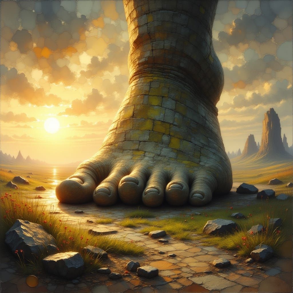Giant Stone Foot Holds Sunrise in Misty Landscape