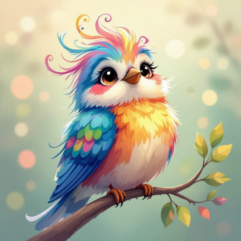 Whimsical Colorful Bird with Wispy Feathers