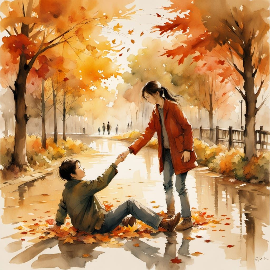 Kindness in Autumn Park Watercolor Scene