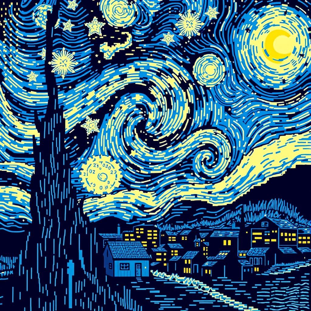 Starry Night as Intricate ASCII Art